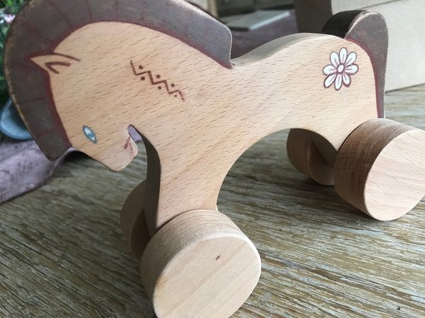 Holz Spiel Pferd mit Rädern - Handmade - Natur Holz