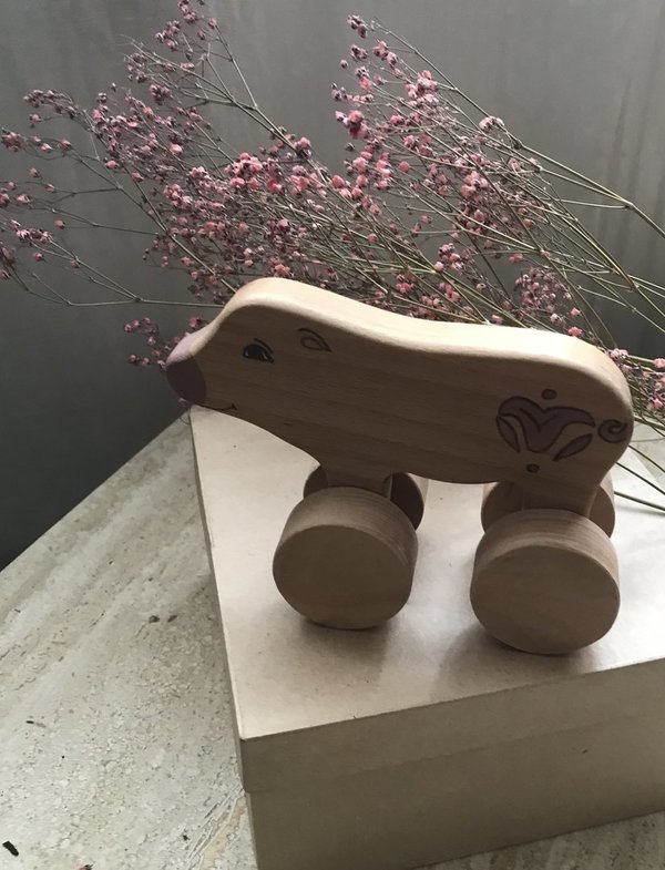 Holz Spiel Schwein mit Rädern - Handmade - Natur Holz